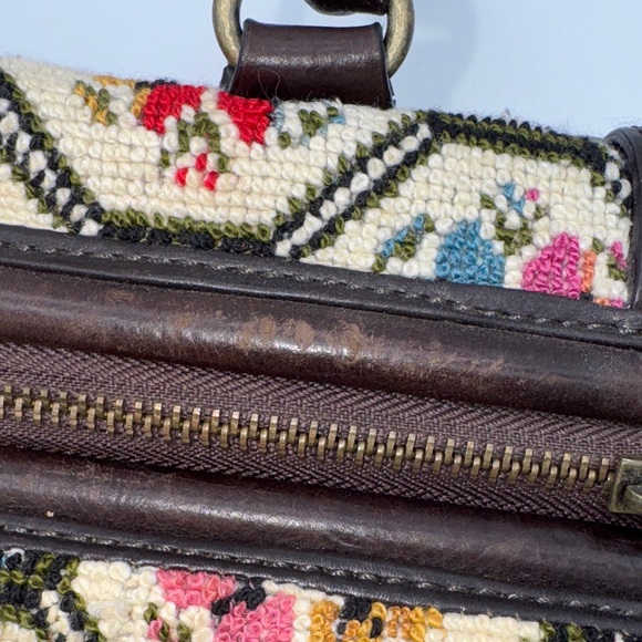 Anthropologie Nest Cross Stitch Embroidery Purse Bag Satchel Leather Handles - Picture 6 of 10